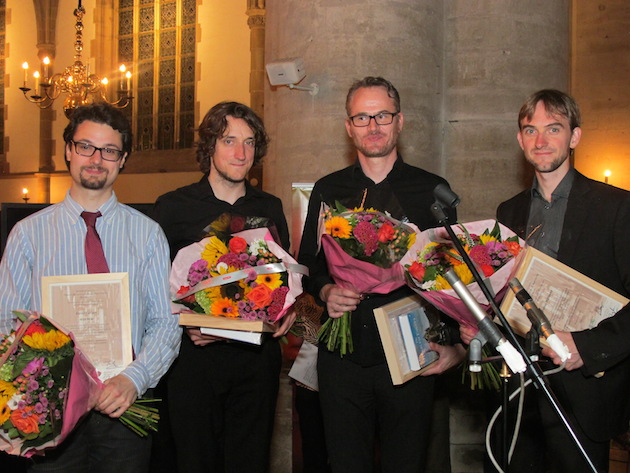 De vier finalisten van het 50e Internationaal OrgelimprovisatieConcours Haarlem (v.l.n.r.): David Cassan, Lukas Grimm, Morten Ladehoff en Tobias Wittmann | © fotografie Pieter Baak