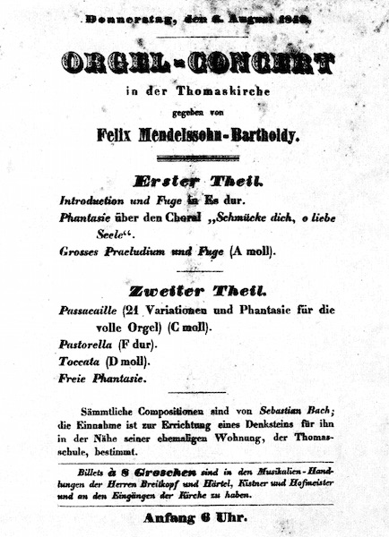 Programma van Mendelssohns Bachconcert Donderdag 6 augustus 1840 – Thomaskirche, Leipzig